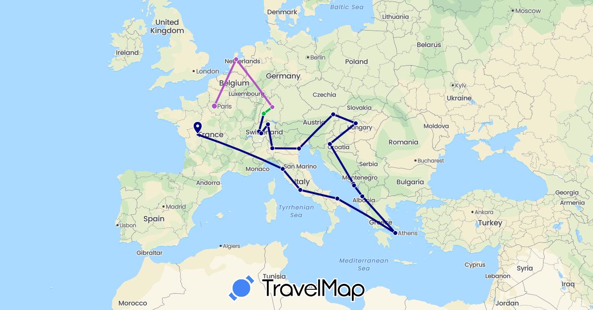 TravelMap itinerary: driving, bus, train in Albania, Austria, Switzerland, Germany, France, Greece, Croatia, Hungary, Italy, Montenegro, Netherlands (Europe)